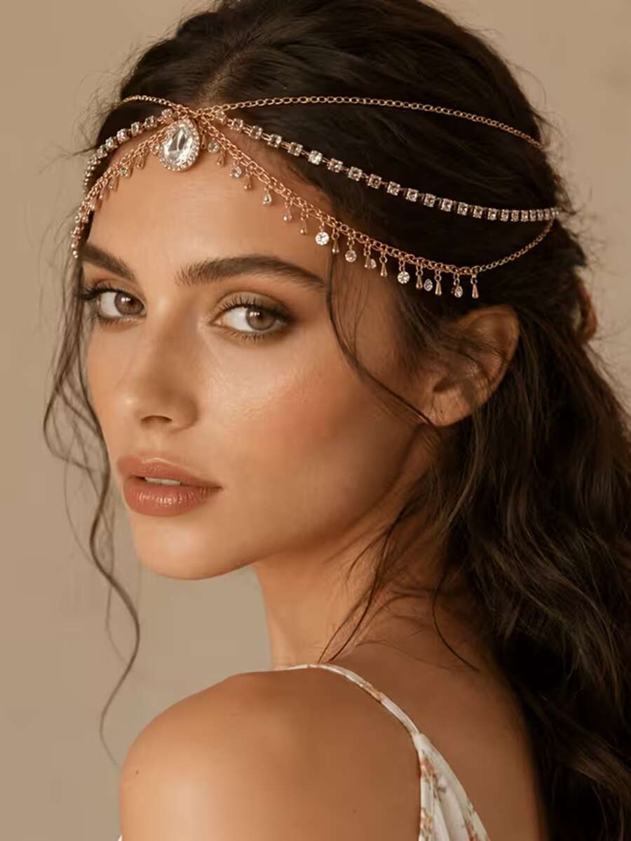 1pc Bohemian Style Hair Accessory, Gold Tone Forehead Jewelry With Crystal Water Drop Pendant And Tassel Dangle, Bride Headpiece Fairy Style, Versatile Accessory Suitable For Women's Wedding Party Festival Gift For Her - Gold - View 1