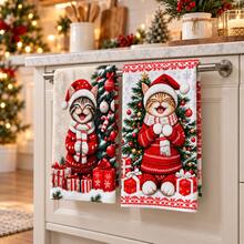 2pcs Cartoon Christmas Cat Pattern Kitchen Towels, Rectangular Hand Towels, Tea Towels, Dish Cloths, Suitable For Kitchen Cleaning, Home Baking, Christmas Party, Winter Holiday Home Decor And Christmas Gifts - Multicolor - View 3