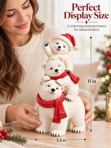 1pc Polar Bear Christmas Decoration, 3 White Bears With Red Scarves, Holiday Shelf Fireplace Mantel Home Decor - H - View 4
