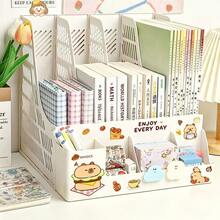 1pc Multi-Functional 4-Compartment File Organizer, DIY Assembly With Pen Holder And Divided Bookend, Office, Student Desk Book And Exam Paper Storage Rack, Suitable For Desk Organization, Home And Office Storage, Randomly Gifted 1 Sticker - Multi-color - View 1