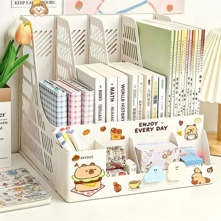 1pc Multi-Functional 4-Compartment File Organizer, DIY Assembly With Pen Holder And Divided Bookend, Office, Student Desk Book And Exam Paper Storage Rack, Suitable For Desk Organization, Home And Office Storage, Randomly Gifted 1 Sticker - Multi-color - View 1