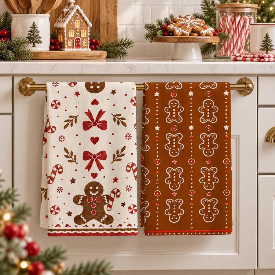 2pcs Gingerbread And Bow Christmas Kitchen Towels, Suitable For Kitchen, Bathroom, Toilet Holiday Kitchen Decor, Winter Home Decoration, Christmas Gift Set - Multicolor - View 1