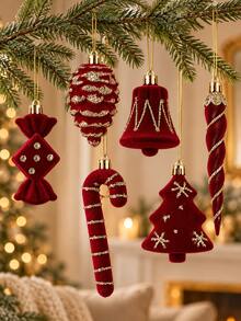 2pcs=1set Christmas Candy Cane Hanging Decor, Christmas Tree Decoration, Window Display, Nordic Style Red Flocked Candy Pendant - Multiple Styles - View 1