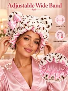 Leopard Print Plush Satin Lined Women's Sleep Cap, Cute Cat Ear Bow Hair Bonnet, Adjustable Elastic Band, Soft Night Cap, Suitable For Curly, Natural, Long And Thick Hair, Home Hair Care Sleep Cap - Multicolor - View 2