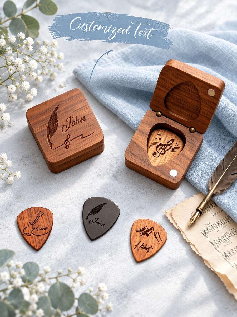Personalized Wooden Guitar Picks With Storage Box, Customized Guitar Pick Storage Box, Engraved Guitar Picks Gift For Guitarists, Valentine's Day Gift, Guitar Pick Box, Engraved Guitar Picks, Guitarist Gift, Musician Gift, Father's Day Gift, Christmas Gift - Multicolor - View 1