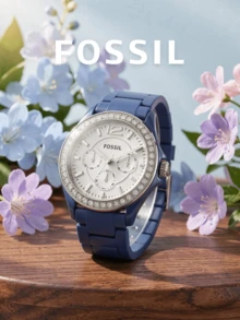 Fossil Jam Tangan Wanita Quartz dengan Tali Resin Biru, Dial Bulat Putih Multi Warna dengan Bezel Bertabur Kristal, Jam Tangan Multi Waktu Bergaya untuk Pemakaian Sehari-hari, Hadiah Ulang Tahun - Satu-Ukuran - View 2