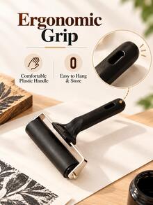 1 con lăn mực in cầm tay đơn hoặc bộ 3 kích cỡ khác nhau 6cm, 10cm, 15cm, cao su đen, tay cầm nhựa, giá đỡ kim loại, hình trụ, bề mặt lăn mịn, thiết kế lỗ treo ở tay cầm, vận hành bằng tay, dùng để lăn mực, phủ mực đều, dễ kiểm soát vùng lăn mực, phù hợp cho in khắc gỗ, làm con dấu cao su, in sơn dầu, chà giấy - A - Xem 1