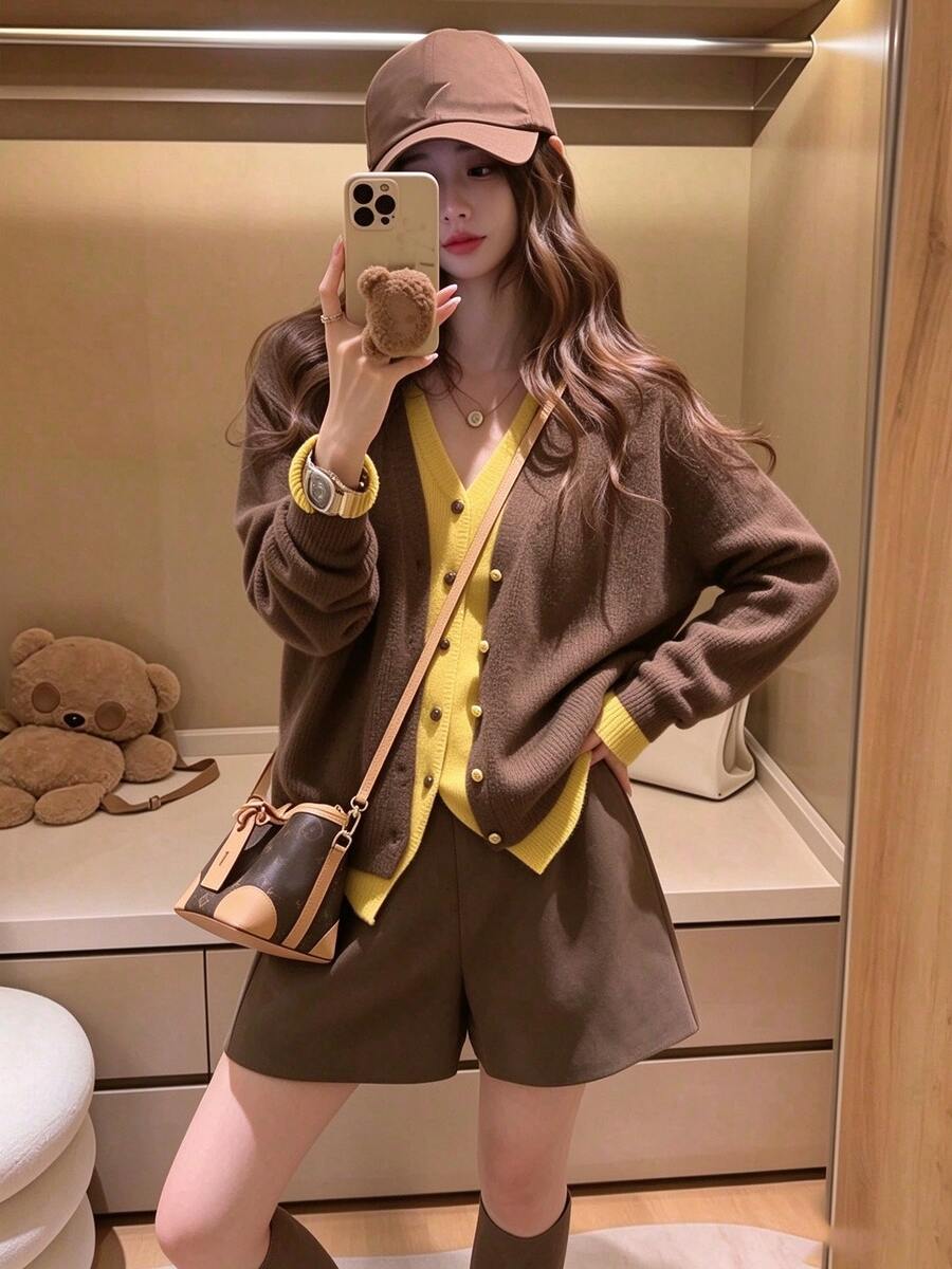 Women's Patchwork Contrast Color 2 In 1 Long Sleeve Button-Up Cardigan, Loose V-Neck Knit Sweater Outerwear Top - Brown - View 1