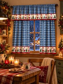 3PCS Christmas Santa Claus Kitchen Curtains Set, Blue White Buffalo Plaid Farmhouse Polyester Cafe Curtains With Matching Valance, Festive Santa Tree Print Rod Pocket Tier Panels For Kitchen Window Holiday Decor - B - View 5