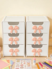 Mini Desktop Drawer Storage Box With Bow Decoration, Plastic Multi-Layer Jewelry & Cosmetics Organizer, Non-Electric Desktop Storage, Suitable For Vanity, Bedroom, Office, Desktop Accessories, Office Supplies, Ideal For Storing Daily Items, Perfect For Home Vanity, Birthday Gift, Holiday Souvenir, Back To School Season Gift - Multicolor - View 4
