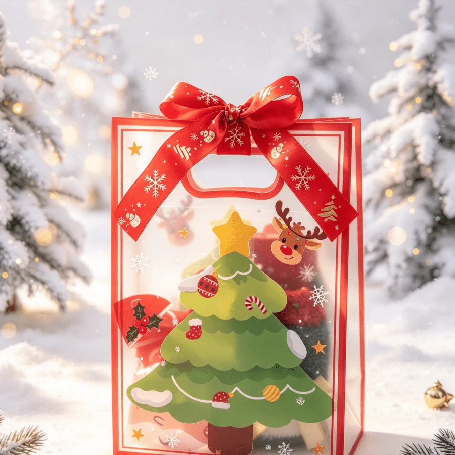 1 pieza Bolsa de regalo transparente de Navidad, bolsa de transporte de PVC portátil con asa, bolsa de embalaje de regalo navideño para recuerdos de fiesta - Multicolor - Ver 1