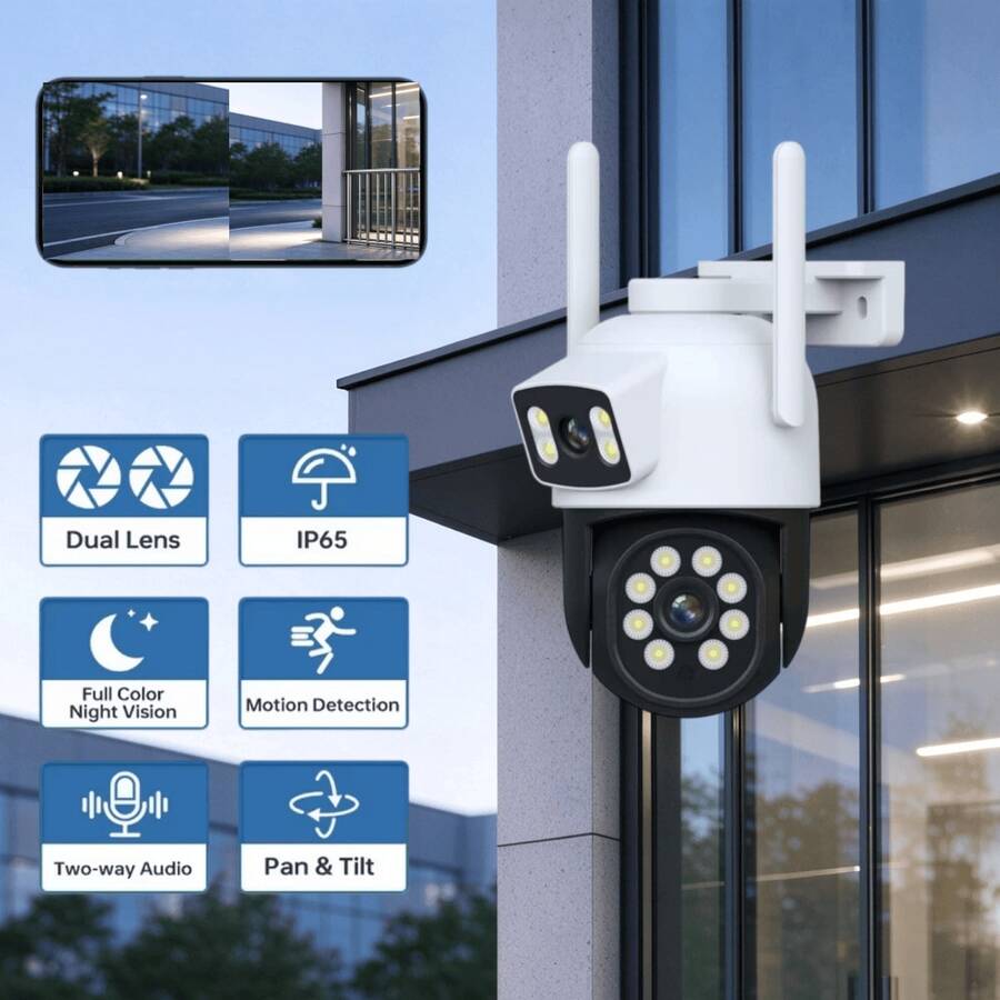 4MP 戶外雙鏡頭監控攝影機,2.4G/5G WiFi 無線閉路電視攝影機,適用於居家安全,彩色夜視、移動追蹤,適合戶外、街道與居家監控使用 - 彩色 - 查看 1