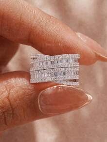 1pc Luxury High-Shine T-Shaped Zirconia Ring, Elegant Women's Jewelry Gift, Suitable For Daily Wear - Silver - View 3