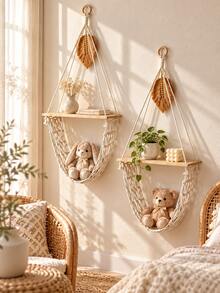 1pc Handmade Woven Hanging Wall Shelf, Bohemian Style With Tassel Leaf Design, Minimalist Beige Double-Layer Floating Wall Storage Rack, Home Decor Wall Hanging Ornament, Suitable For Christmas Wall Decoration, Aromatherapy Candles, Crystal Storage, Bedroom, Living Room Wall Decor, Gift - Multi-color E - View 2