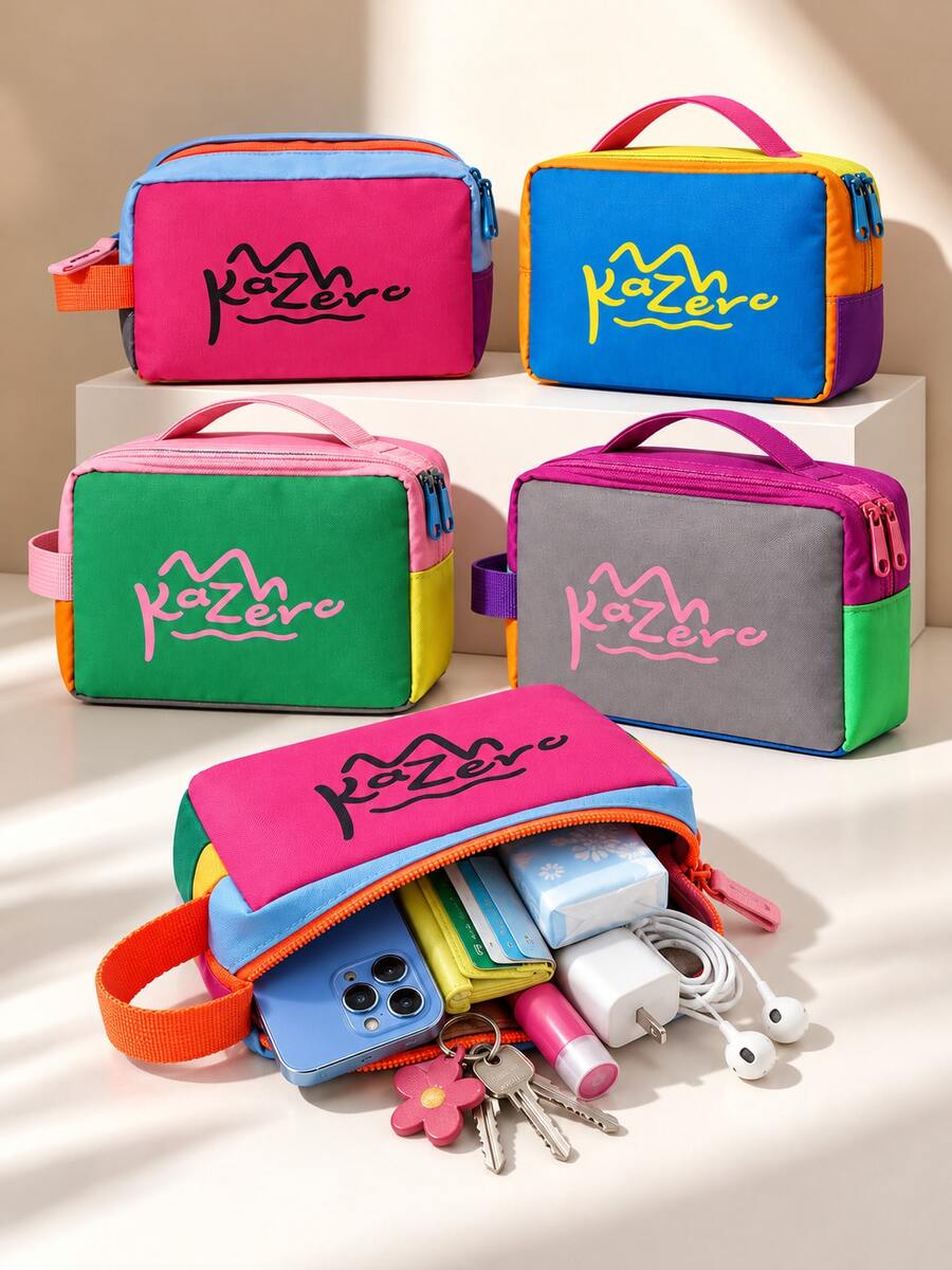 Colorblock Travel Organizer Bag, Cute Mini Zipper Storage Pouch With Handle, Portable Cosmetic Toiletry Bag, Multi-Purpose Travel Camping Dorm Bathroom Daily Storage Accessories Small Items Organizer Box - Multicolor - View 1