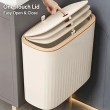 1pc Slim Gap Trash Can, Vertical Grain Body With Lid, Press-To-Open Design For Dustproof, Waste Storage Container For Narrow Spaces In Bathroom And Kitchen - Random Color - View 6