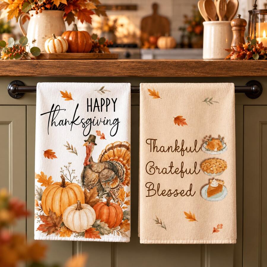 2pcs Turkey Pumpkin Pie Watercolor Pattern Thanksgiving Kitchen Towels, Rustic Country Style Rectangular Hand Towels, Tea Towels, Dish Cloths, Suitable For Autumn Kitchen Decor, Home Baking, Thanksgiving Dinner And Holiday Gifts - Multicolor - View 1