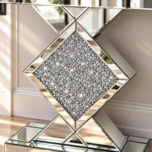Mirrored Console Table Silver 80 Cm, Slim Hallway Table With Geometric Diamond Design And Glass Stone Decor For Living Room And Hallway - Silver - View 5