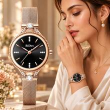 BIDEN Women's Quartz Analog Watch, Exquisite Design, Rhinestone Decor, Stainless Steel Woven Band, Waterproof - Rose Gold - View 2