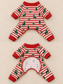 1pc Christmas Dog Pajamas, Red And White Candy Cane Striped Four-Legged Pet Jumpsuit, Printed With Reindeer, Christmas Tree And Snowflake Patterns, Ribbed Cuffs, Suitable For Small To Medium Dogs And Puppies Holiday Sleepwear, M/L Size - Multicolor - View 6