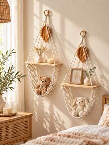 1pc Handmade Woven Hanging Wall Shelf, Bohemian Style With Tassel Leaf Design, Minimalist Beige Double-Layer Floating Wall Storage Rack, Home Decor Wall Hanging Ornament, Suitable For Christmas Wall Decoration, Aromatherapy Candles, Crystal Storage, Bedroom, Living Room Wall Decor, Gift - Multi-color E - View 1
