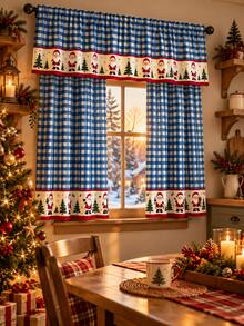 3PCS Christmas Santa Claus Kitchen Curtains Set, Blue White Buffalo Plaid Farmhouse Polyester Cafe Curtains With Matching Valance, Festive Santa Tree Print Rod Pocket Tier Panels For Kitchen Window Holiday Decor - B - View 6