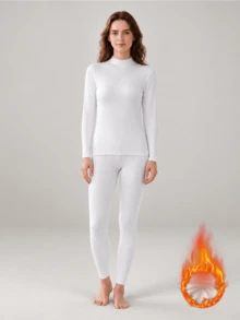 Women's Warm Thermal Underwear Set, Long Sleeve Soft Free-Cut Fleece Lined Top And Pants Base Layer - White - View 2