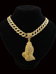 Men's Rhinestone Praying Hands Pendant Cuban Link Chain Hip Hop Rap Style Necklace Streetwear Jewelry Party Stage Gift Daily Wear Accessory - Praying Hand Pendant Necklace - View 3