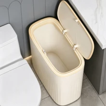 1pc Slim Gap Trash Can, Vertical Grain Body With Lid, Press-To-Open Design For Dustproof, Waste Storage Container For Narrow Spaces In Bathroom And Kitchen - Random Color - View 1