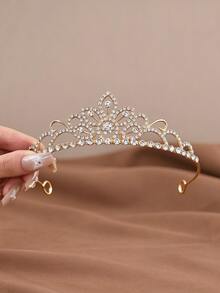 1pc Princess Style Rhinestone Alloy Crown Headband, Suitable For Bride Wedding, Daily Birthday Party Banquet Women's Hair Accessory - Gold - View 1