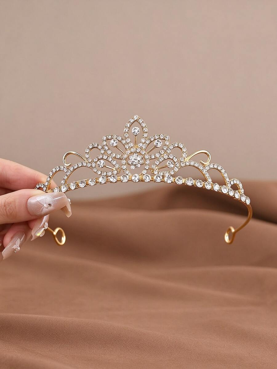 1pc Princess Style Rhinestone Alloy Crown Headband, Suitable For Bride Wedding, Daily Birthday Party Banquet Women's Hair Accessory - Gold - View 1