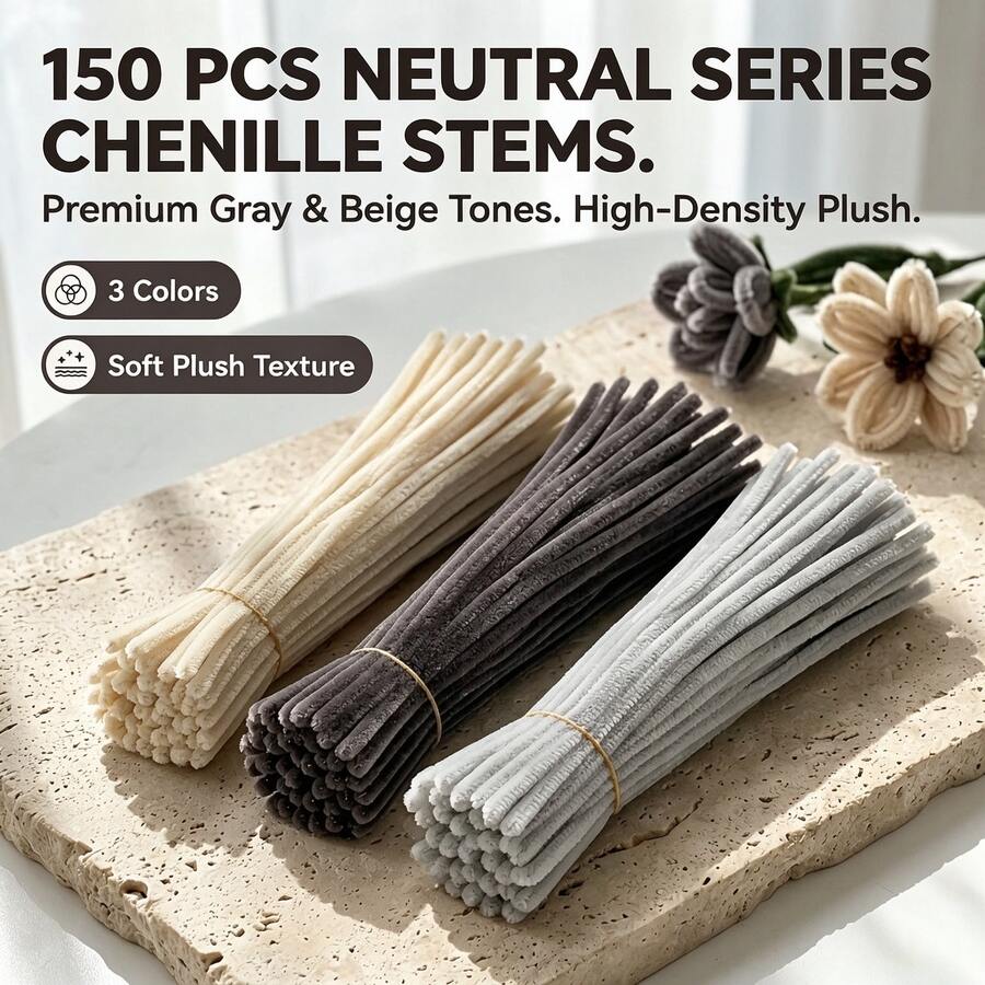 50/150Pcs Chenille Stems, 3 Colors Creamy White Gray Light Gray, High-Density Flocking Twistable Craft Sticks For Handmade DIY Crafts