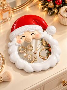 Santa Christmas Vanity Tray With Mirror Surface, Decorative Jewelry Holder For Rings Earrings And Small Accessories, Cute Holiday Desk Decor For Bedroom Dresser Makeup Table - Multicolor - View 8