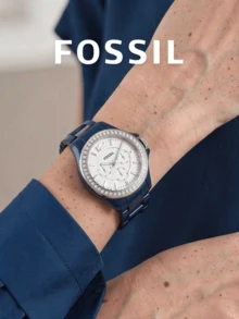 Fossil Jam Tangan Wanita Quartz dengan Tali Resin Biru, Dial Bulat Putih Multi Warna dengan Bezel Bertabur Kristal, Jam Tangan Multi Waktu Bergaya untuk Pemakaian Sehari-hari, Hadiah Ulang Tahun - Satu-Ukuran - View 4