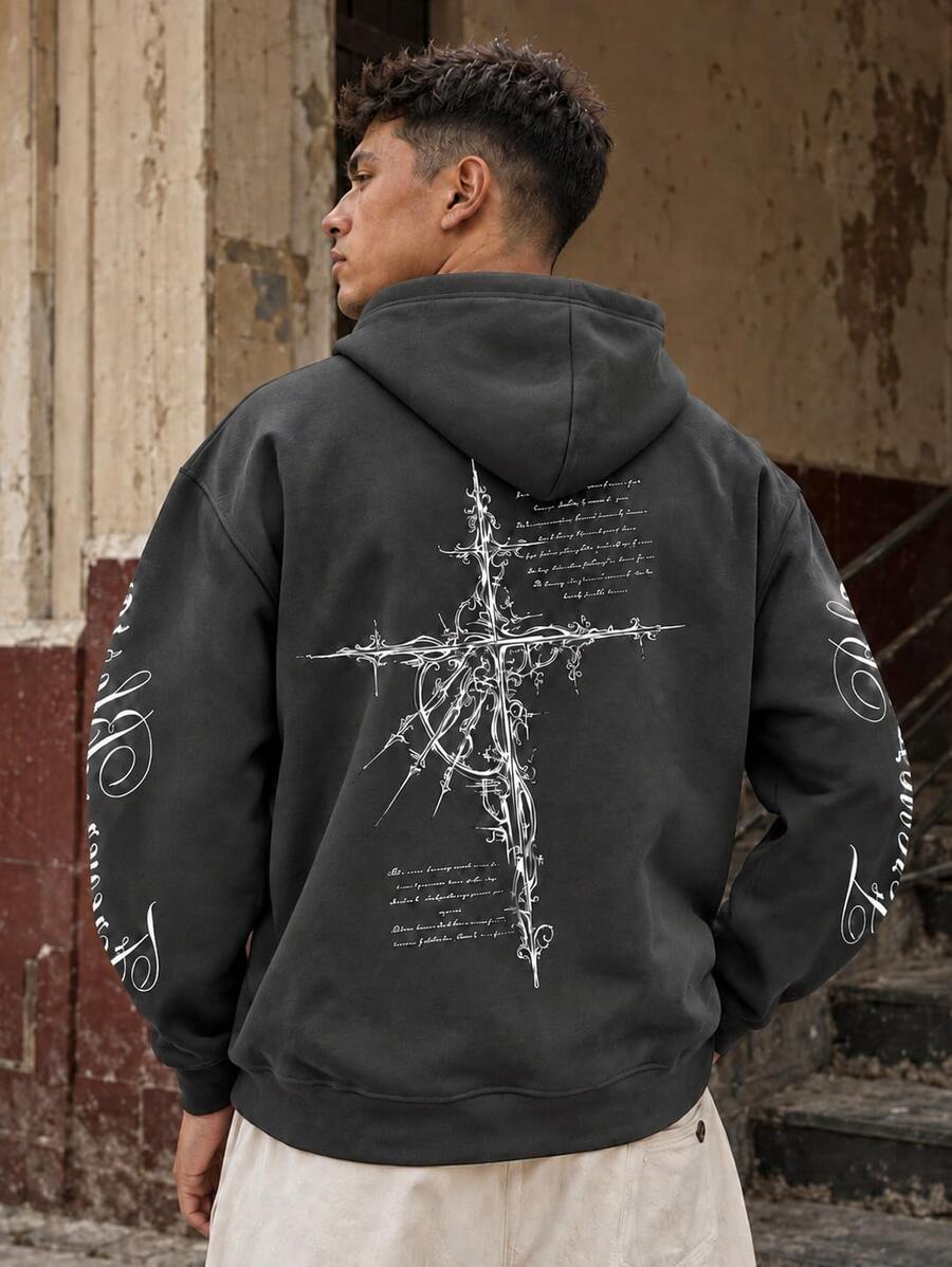FRACTYR Men's Intricate Carved Gothic Cross Pattern Hooded Sweatshirt, Dark High Street Style Loose Casual Pullover - Dark Grey - View 1