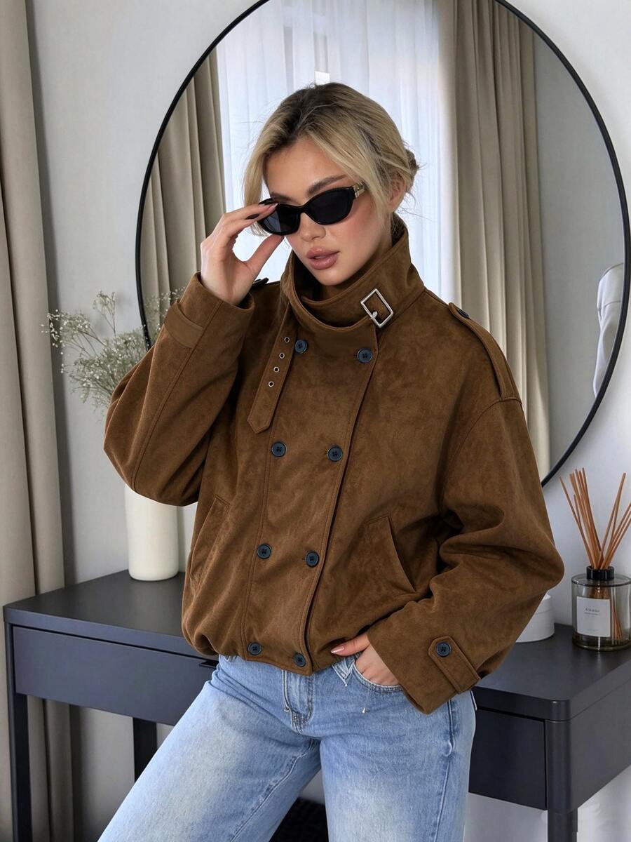 Vintage Brown Faux Suede Stand Collar Casual Jacket For Women, Double-Breasted Shoulder Epaulettes Loose Silhouette Utility Jacket, Suitable For Work, Daily Wear, Commuting, Dating - Brown - View 1