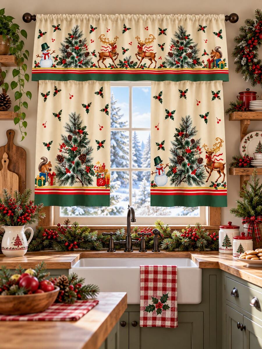 Set 3 Buah Tirai Dapur Tema Hutan Natal, Tirai Kafe Poliester Motif Rusa, Manusia Salju, Pohon Pinus, Krem Hijau Vintage dengan Valance yang Serasi, Panel Bertingkat dengan Kantong Batang Gaya Pedesaan untuk Dekorasi Jendela Dapur Rumah Pertanian Saat Liburan - E - View 1