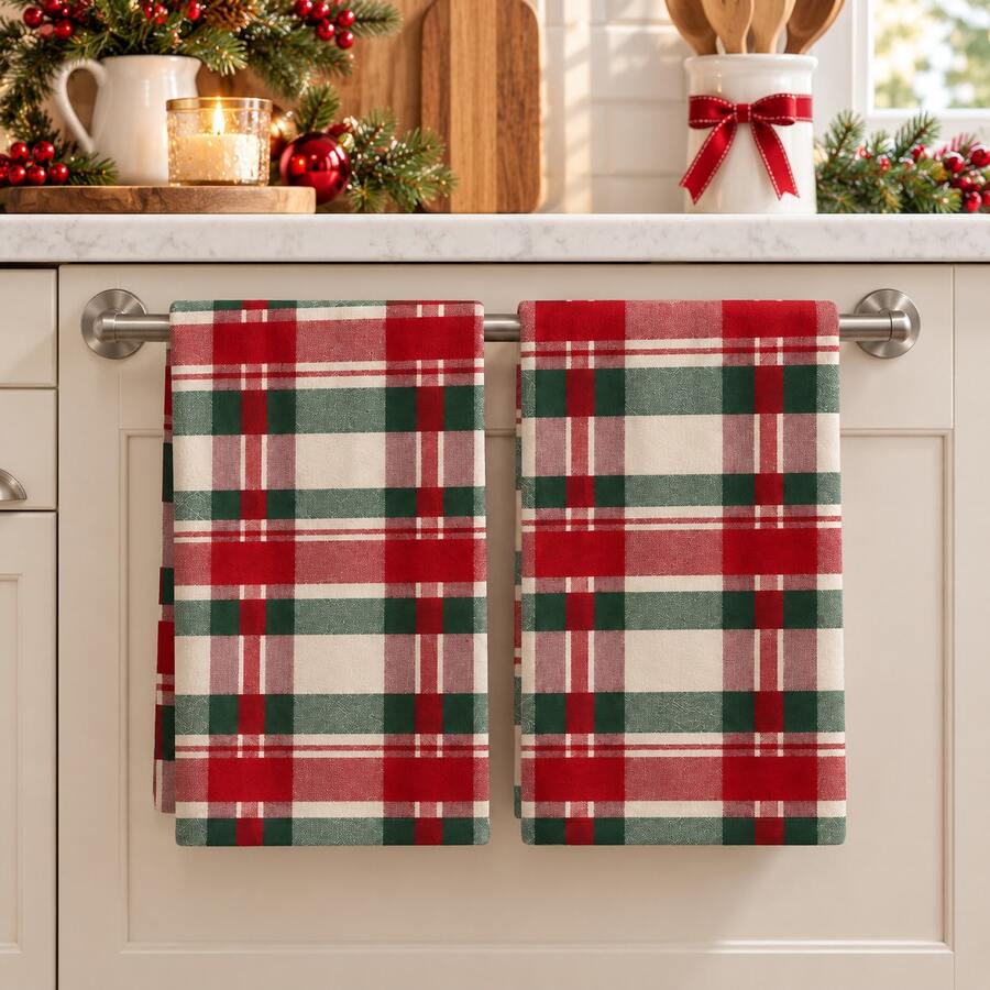 2pcs Checkerboard Kitchen Towels, Red And Green Plaid Design, Modern Cartoon Style, Suitable For Kitchen Bathroom Restroom Holiday Kitchen Decor, Winter Home Decoration, Christmas Gift Set - Multicolor - View 1