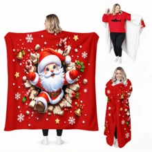 1PC Santa Print Wearable Blanket-Soft And Comfortable For A Festive Feel. Perfect For Comfortable Family Leisure, Christmas Parties And Holiday Gift-Giving - Multicolor - View 3