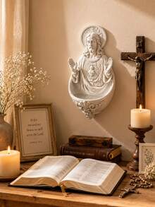 Jesus Sacred Heart Wall-Mounted Holy Water Font, Catholic Christian Religious Wall Decor, Jesus Statue Plaque, Suitable For Prayer Room, Home Altar, Church, Entryway, Housewarming And Faith Gift - Selected Items - View 3