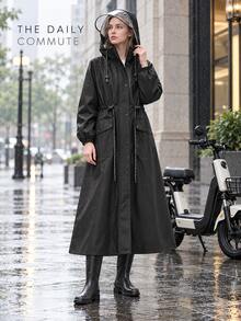 Waterproof Long Hooded Raincoat With Transparent Face Shield, Front Zipper And Snap Buttons, Adjustable Drawstring Waist, Pocket Design, Full Body Windproof, Suitable For Electric Scooter, Cycling Commute, Unisex Adult, Yellow Waterproof Raincoat - Multicolor - View 10