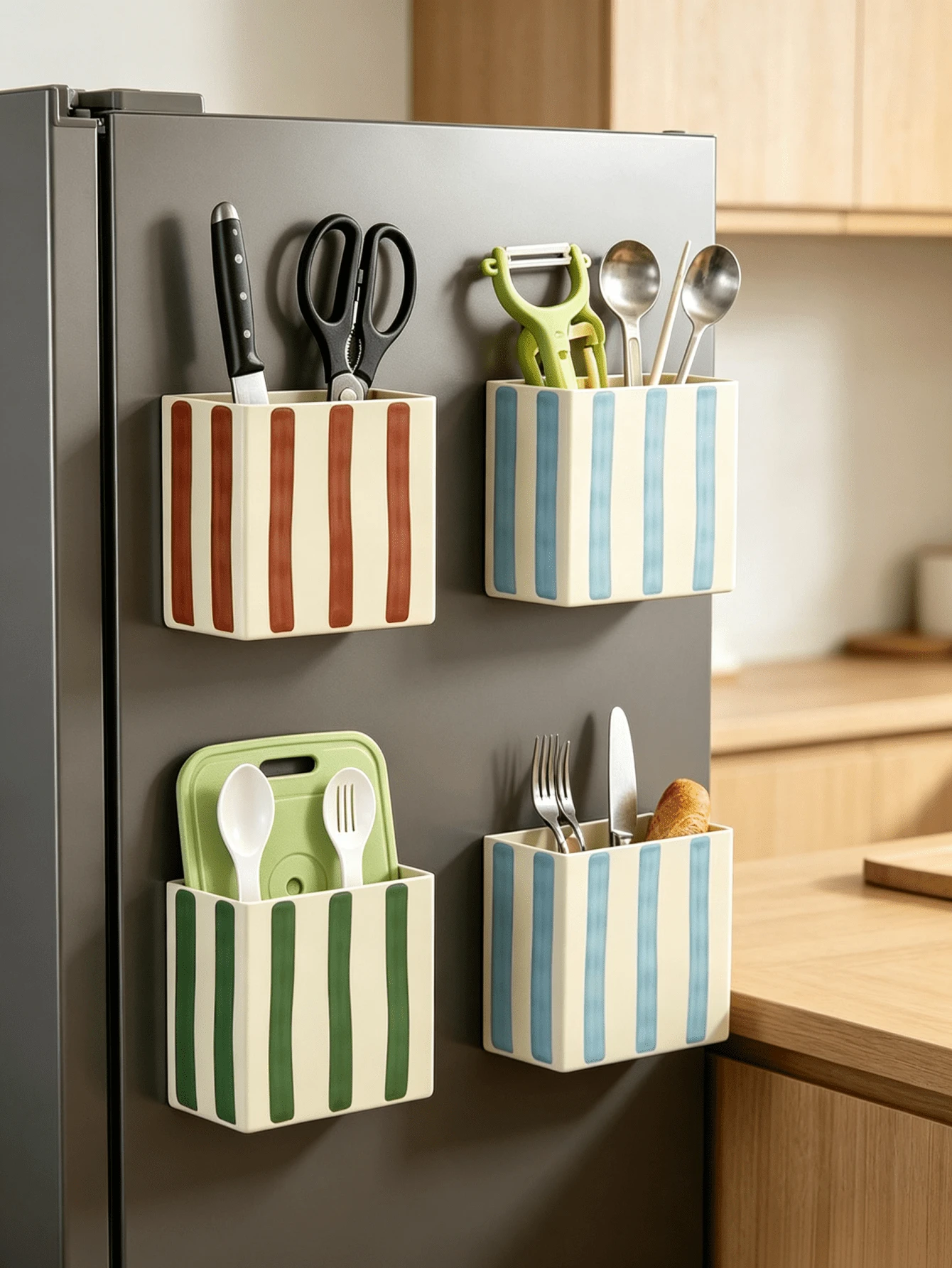 1PC Vintage Hand-Painted Striped Magnetic Storage Box, Refrigerator Side Adsorption Shelf, No-Drill Wall-Mounted Kitchen Knife Fork Spoon Holder, Home Refrigerator Magnetic Storage Box - Multicolor - View 1
