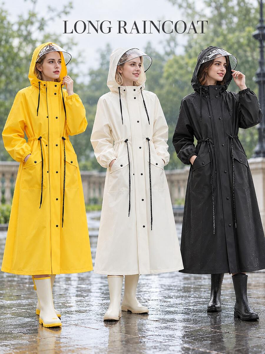 Waterproof Long Hooded Raincoat With Transparent Face Shield, Front Zipper And Snap Buttons, Adjustable Drawstring Waist, Pocket Design, Full Body Windproof, Suitable For Electric Scooter, Cycling Commute, Unisex Adult, Yellow Waterproof Raincoat - Multicolor - View 1