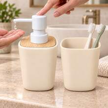 2 Pieces ABS Bathroom Accessories Set 240mL Bamboo-Lid Soap Dispenser With White Pump & 240mL Toothbrush Cup Warm Cream Countertop Decor - Camel - View 2