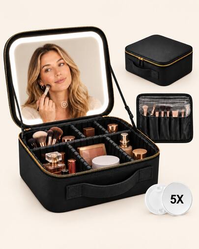 LED Makeup Mirror Cosmetic Bag, Actual 5X Suction Cup Magnifying Mirror, 2000mAh Rechargeable Battery, 4+ Hours Lighting, 3-Color Light, Portable Travel Cosmetic Organizer, Birthday Gift For Girls