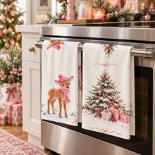 2pcs Watercolor Deer & Pinecone Berry Pattern Pink Style, Suitable For Kitchen, Bathroom, Toilet, Holiday Kitchen Decor, Winter Home Arrangement, Christmas Gift Set - Multicolor - View 4