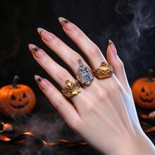 3pcs Halloween Ghost Pumpkin Castle Metal Open Adjustable Rings, Suitable For Party, Holiday, Gift And Daily Wear - Halloween Ring Set - View 1