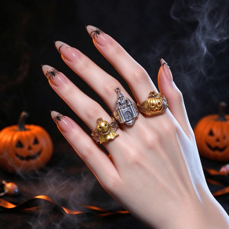 3pcs Halloween Ghost Pumpkin Castle Metal Open Adjustable Rings, Suitable For Party, Holiday, Gift And Daily Wear - Halloween Ring Set - View 1