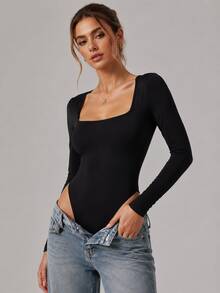 Jumpsuit Wanita Model Slim Fit dengan Leher Persegi, Warna Polos, Desain Melangsingkan, Cocok untuk Jalan-jalan, Olahraga, Santai di Rumah, dan Pakaian Sehari-hari - Hitam - View 10