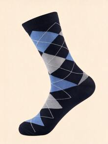 British Style Men's Contrast Color Argyle Mid-Calf Socks, Business Casual Comfortable Breathable Versatile Dress Socks For Commuting - Multicolor - View 4